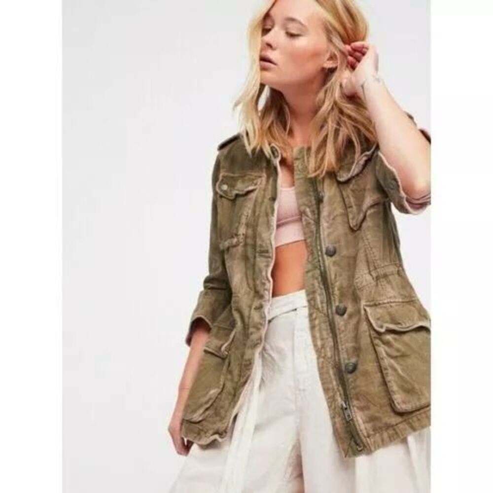 Free People Double Cloth Pure Cotton Tie Dye Green Blush Military Jacket